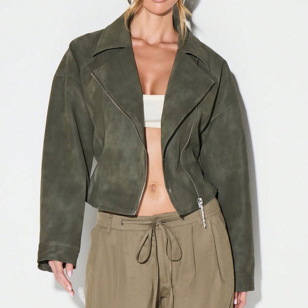 Army Green Casual Women's Suedette Biker Jacket - Picture 7 of 7